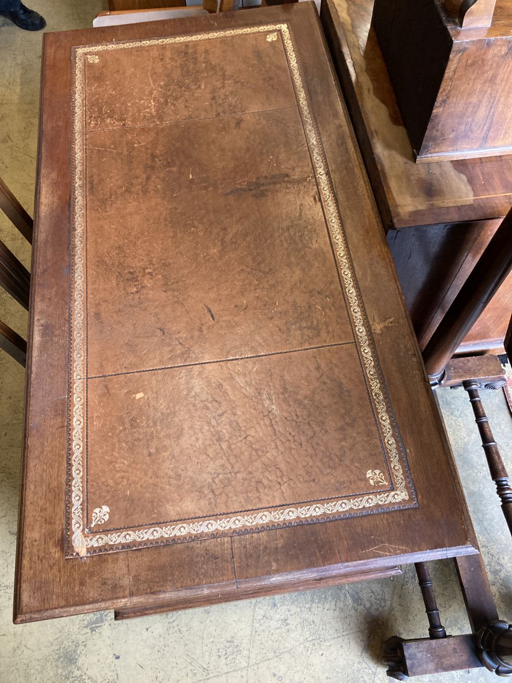 A late Victorian mahogany pedestal desk, width 138cm, depth 71cm, height 74cm together with an Art Nouveau inlaid chair